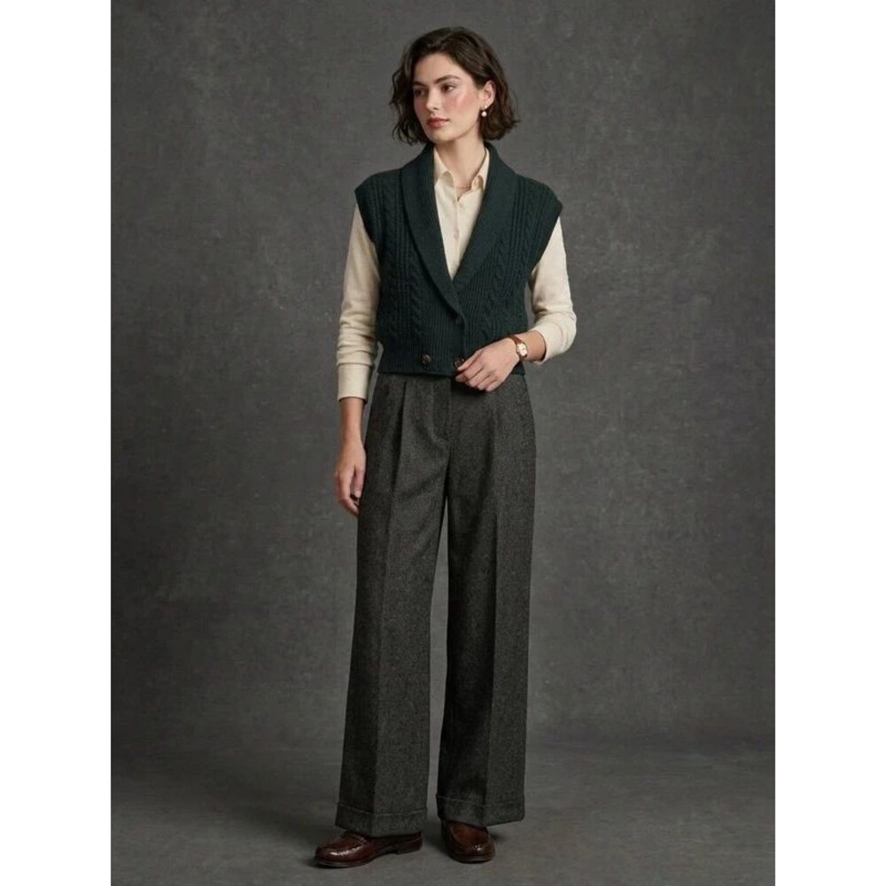 Vintage JH Collectibles Wool Dark Green Shawl Collar Knit Blouse M